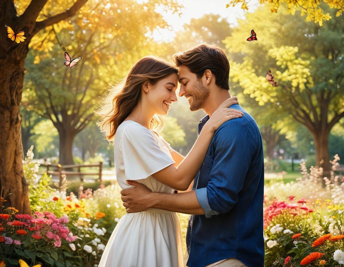 A warm and inviting scene of two friends sharing a heartfelt hug in a sunlit park, surrounded by blooming flowers and fluttering butterflies, signifying deep emotional connections. In the background, a couple is holding hands while laughing, representing romance. The atmosphere is filled with soft golden hues, evoking a sense of love and friendliness. super-realistic. vibrant colors. natural park setting.