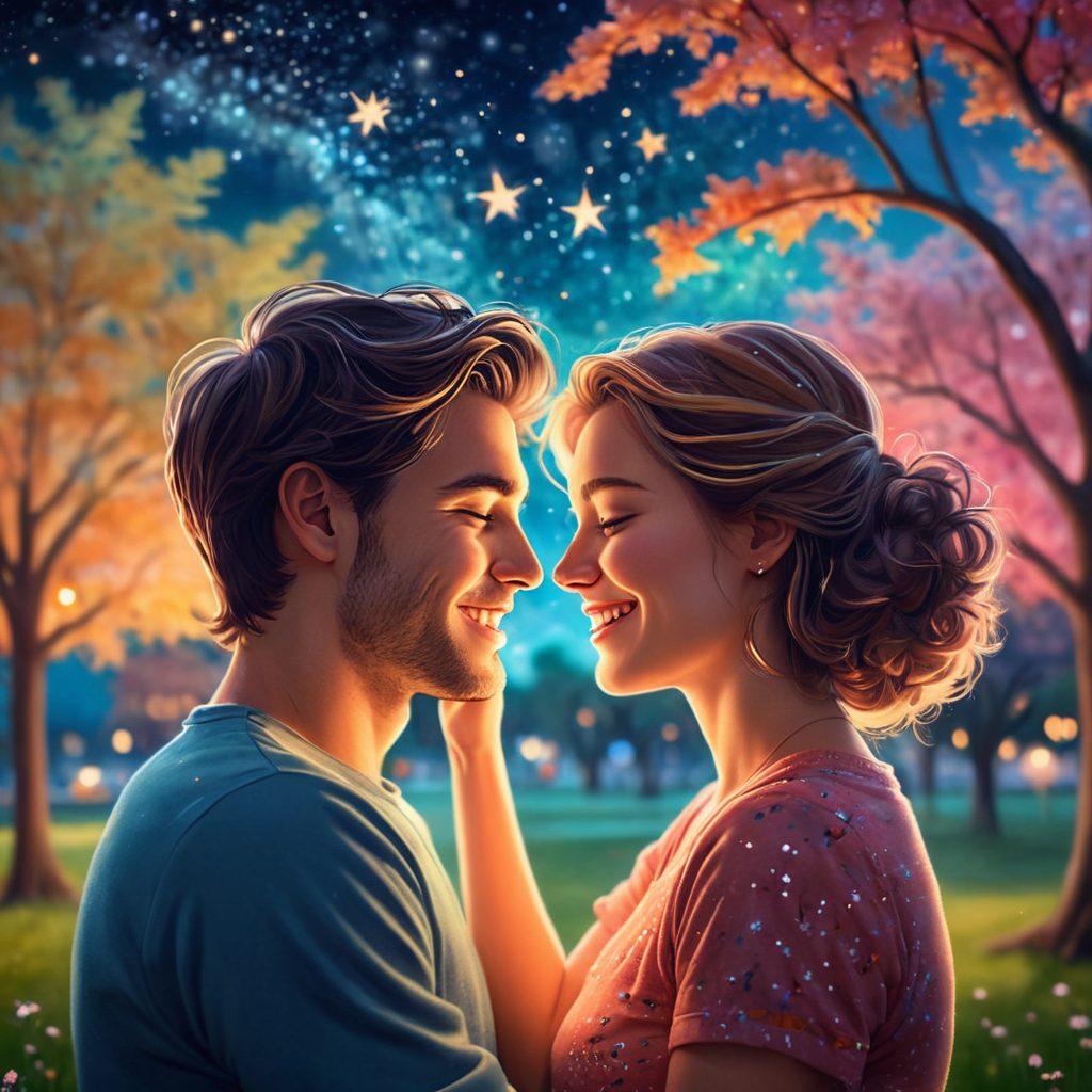 A split image illustrating the contrast between romance and friendship: one side depicting a couple sharing a tender, intimate moment under a starlit sky, while the other side shows two friends laughing together in a sunlit park. Subtle heart motifs and gentle colors intertwine the two halves, symbolizing the connection between love and friendship. warm tones, soft focus. vibrant colors. 3D.