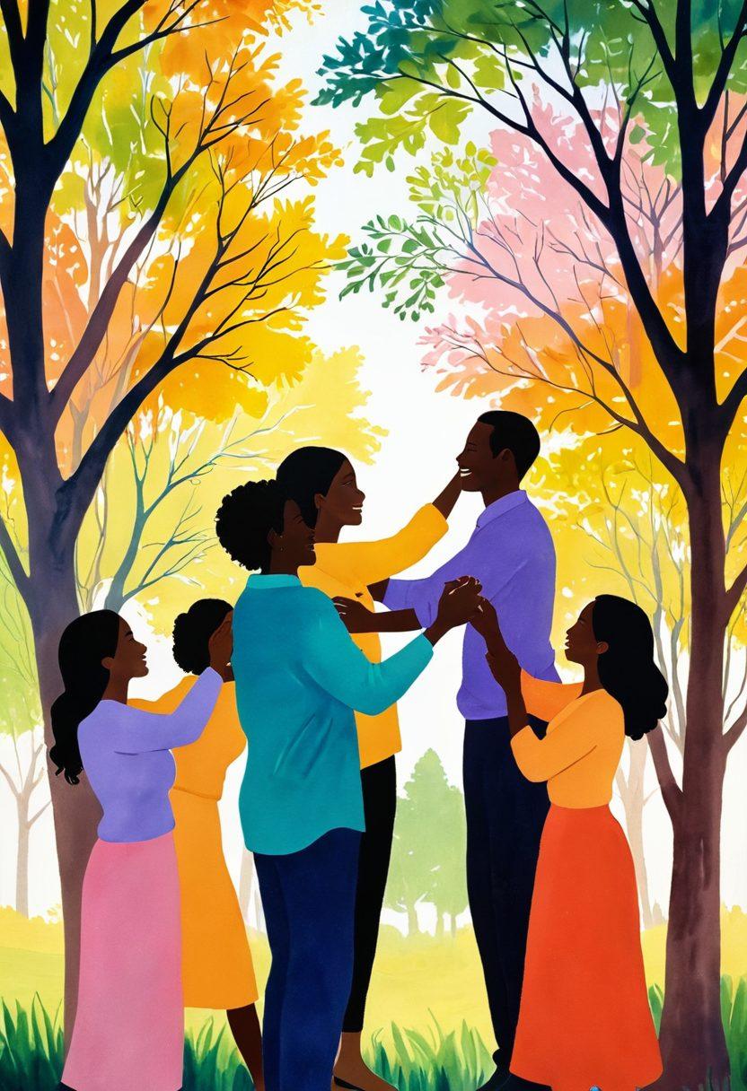 A warm, inviting scene showing diverse hands intertwined, symbolizing unity and connection. In the background, soft silhouettes of individuals sharing joyful moments together—hugging, laughing, and engaging in meaningful conversations. Gentle light filtering through trees, creating a serene and nurturing atmosphere. Soft pastels with a hint of vibrant colors to evoke warmth and tenderness. painting. vibrant colors.